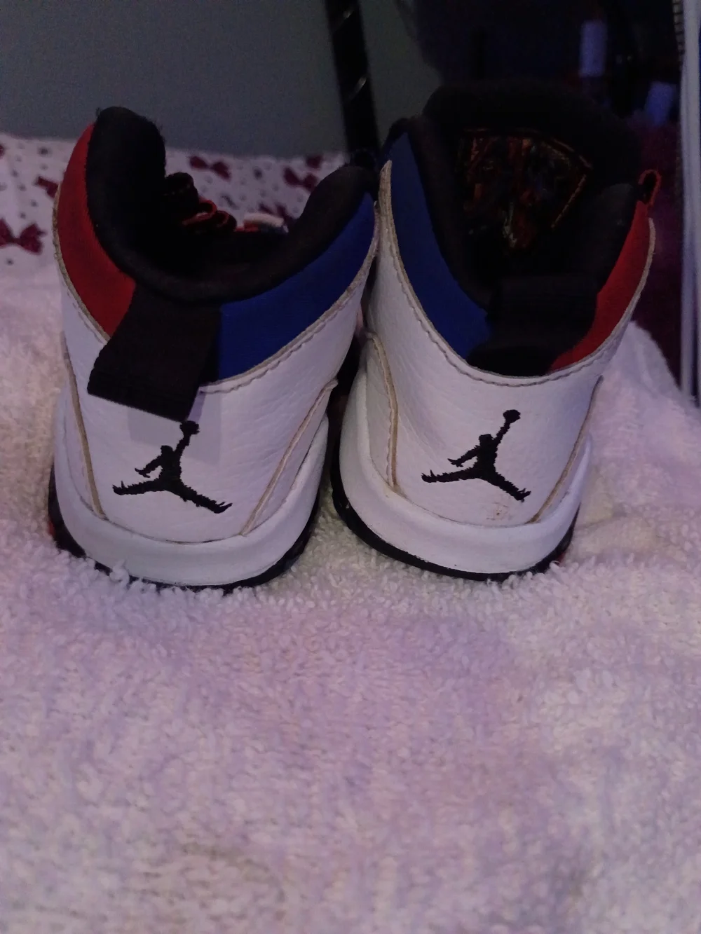 Kids Jordans White Sneakers with Red & Blue Accents